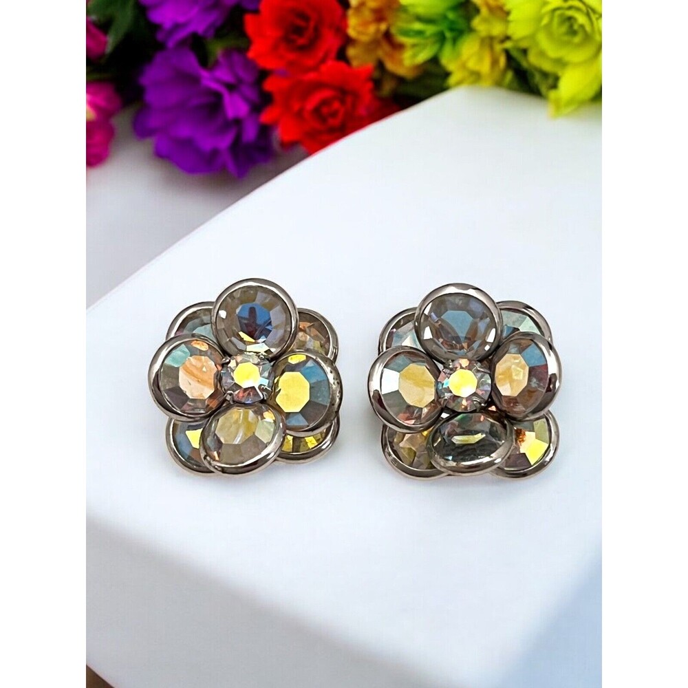 Vintage 1960s AB Crystal Flower Earrings Silver Tone Clip Ons Mid Century- 5F
